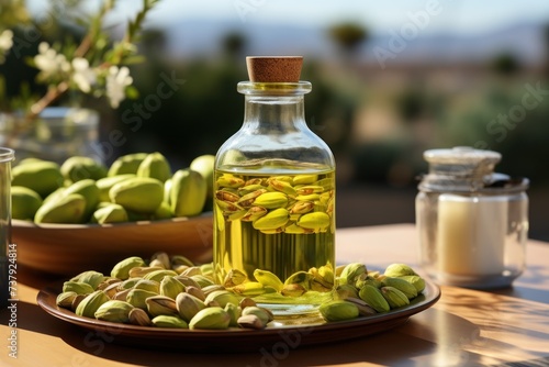 A bottle of nutritious pistachio oil and a bowl of flavorful pistachio nuts, perfect for snacking and cooking.