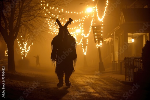A person donning an ominous horned krampus mask meanders through a mist-enveloped park under the soft glow of overhead string lights, creating an eerie nocturnal scene.