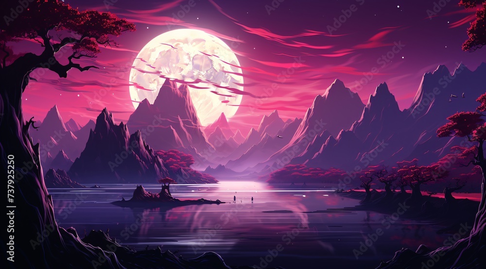 a moon over a mountain lake