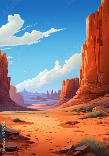 a landscape of a desert with tall cliffs and blue sky