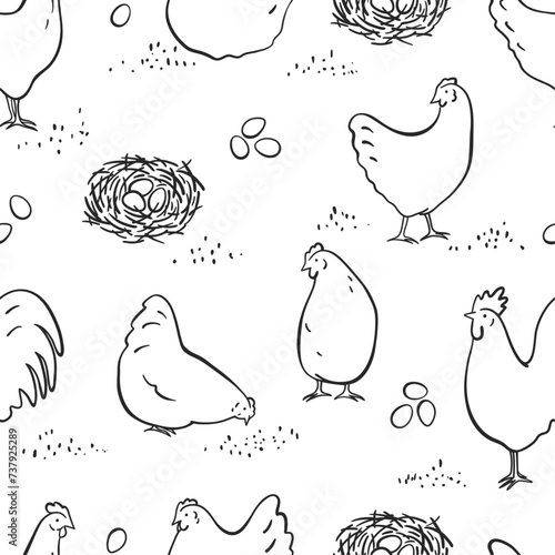 Hand drawn sketch style hen and rooster seamless pattern. Simple black and white background