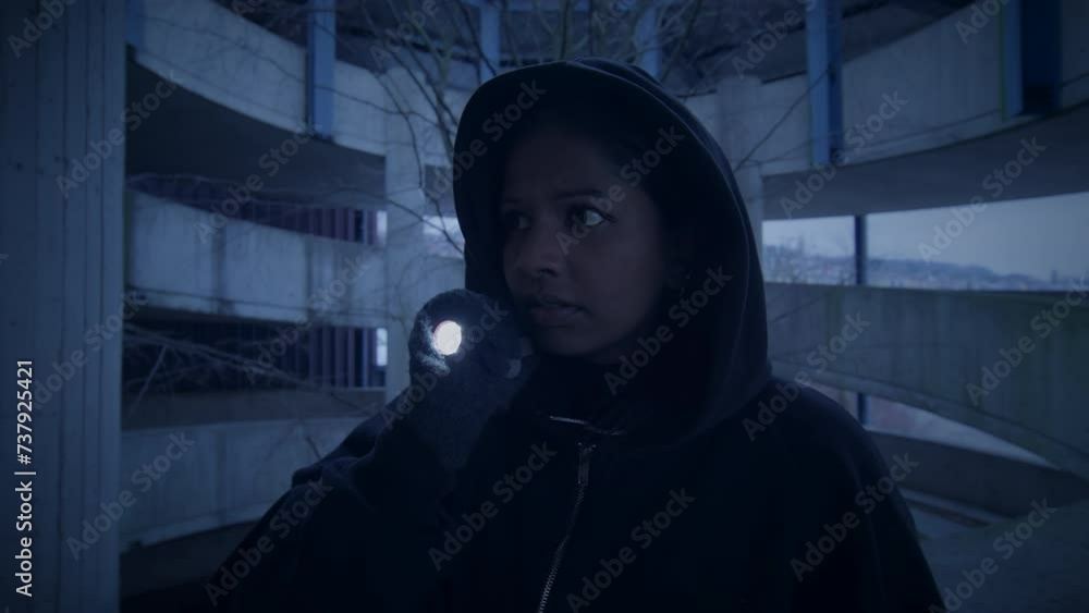Scared Female Person in Black Clothes Run Away From Suspicious Character Scared Female Person in Black Clothes Run Away From Suspicious Character