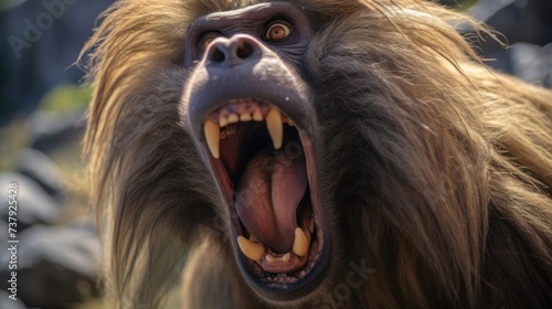 Gelada Baboon with open mouth, Simien mountains NP, detail portrait, from Ethiopia, generate AI photo