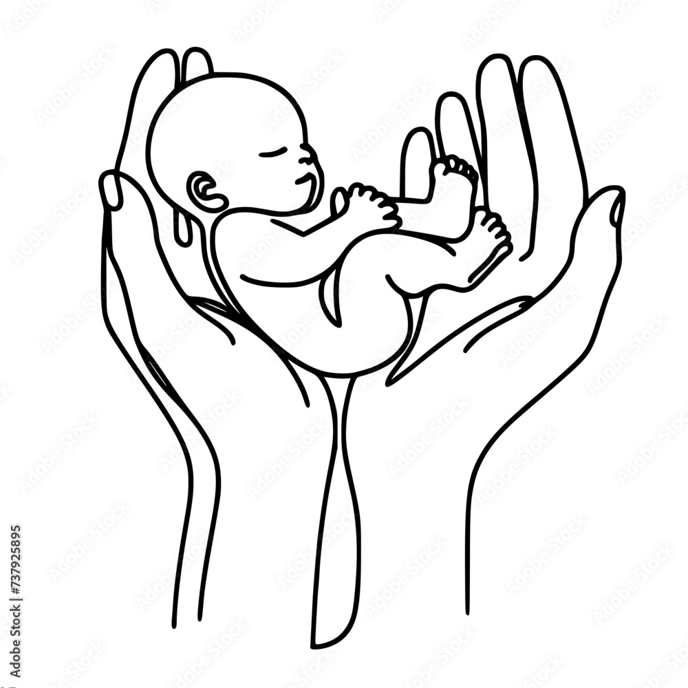 Single line vector drawing. A woman holds a lying baby in her palms Single line vector drawing. A woman holds a lying baby in her palms