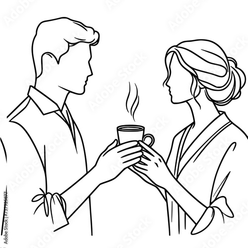 Single line vector drawing. Couple, man and woman drinking a hot drink from the same mug
