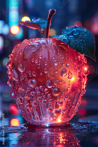 A vibrant red apple glistens with fresh water droplets, exuding a refreshing and crisp energy amidst the soft drink and fluid surroundings
