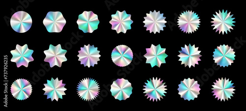 Iridescent holographic foil starburst stickers set. Tags collection for price, sale, discount. Trendy y2k pastel rainbow colored holo star burst. Vector illustration isolated on black background
