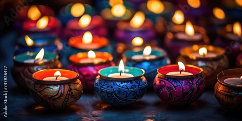 Traditional Indian oil lamps for the Diwali festival  Oil lamps for Diwali festival on night
