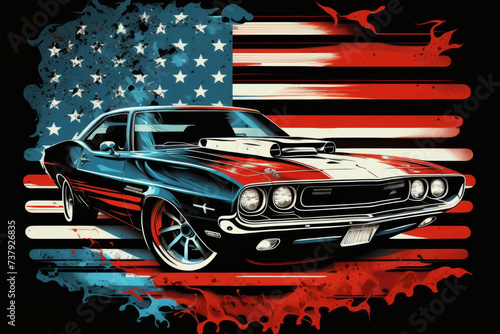American Muscle Car, US flag backgroung, t-shirt design
