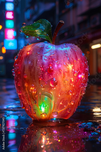 A gleaming apple, adorned with glistening water droplets, reflects the soft light of the night, evoking a sense of refreshing purity and natural beauty