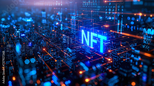 Vibrant blue neon NFT sign glowing on a futuristic cybernetic digital landscape, representing the cutting-edge blockchain technology and digital asset trend