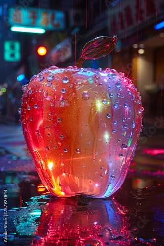 A lone apple gleams in the night, its surface adorned with glistening water droplets, illuminated by the soft glow of a streetlight, basking in the beauty of the outdoors