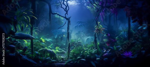 Mysterious path through illuminated jungle under moonlight