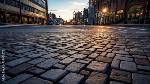 Cobblestone street at sunset in urban downtown setting