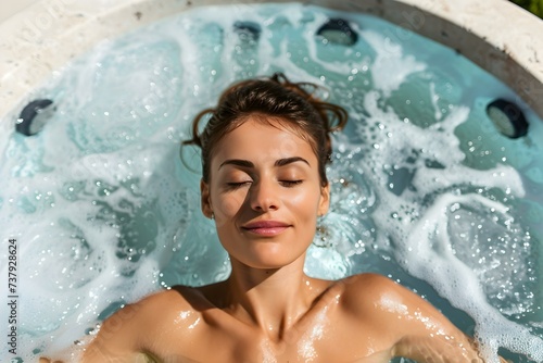 Woman enjoying spa treatment in jacuzzi finding bliss in a moment of relaxation. Concept Spa Retreat  Jacuzzi Bliss  Relaxation Therapy  Pampering Experience  Finding Serenity