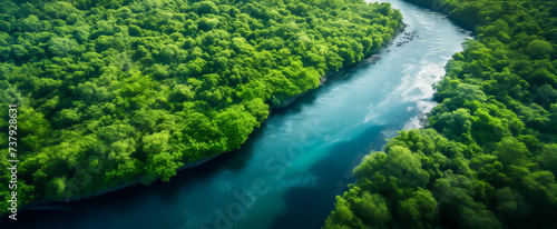 Aerial view of a meandering river through a dense green forest