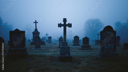 A misty graveyard at dusk provides a gentle farewell, with headstone silhouettes whispering stories of lives lived, amidst a backdrop that blurs the line between day's end and the eternal.