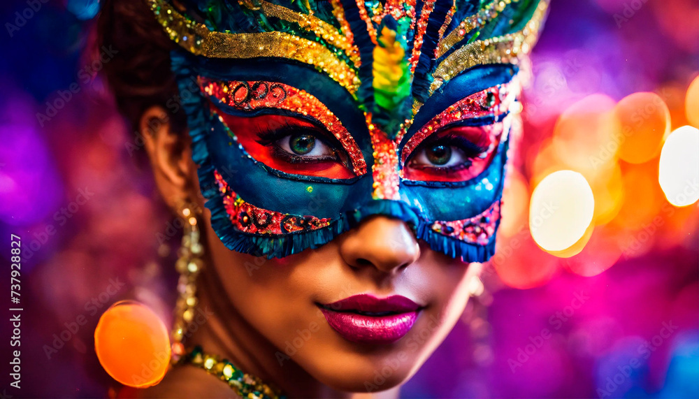 portrait of a woman in a mask at the Brazilian carnival. Selective focus.