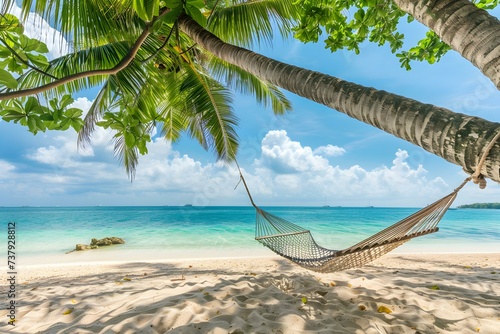 A serene tropical beach scene with a palm tree hammock and clear blue ocean. Concept Serene Beach Escape, Tropical Paradise, Hammock Haven, Azure Waters, Palm Tree Serenity photo