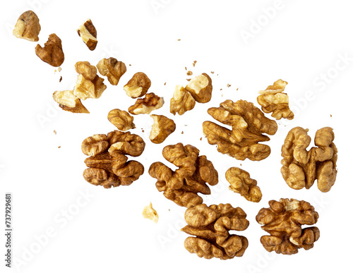 Canvas Print A pile of peeled walnuts, raw nuts closeup, graphic element isolated on a transp