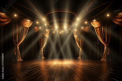 a stage with gold curtains and lights