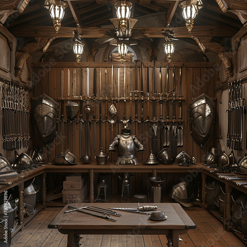 Craft an image of a medieval armory brimming with weapons and armor ready to equip knights for the challenges of battle photo
