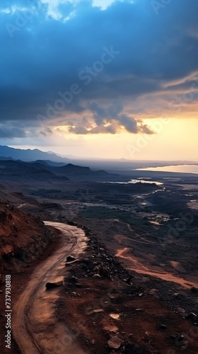 a landscape with a river and mountains