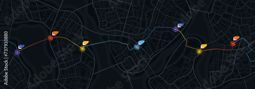 Planned route across the entire map with marked destinations and estimated arrival times. Simple city scheme with convenient labels. Editable vector illustration, perfect for use as a background