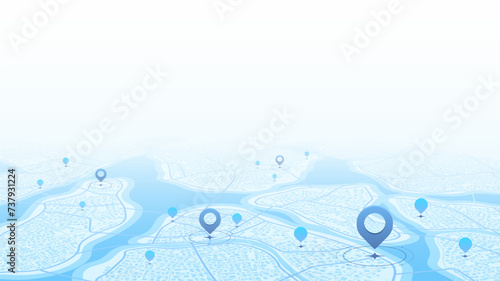 Extensive city scheme featuring points of interest. Abstract navigation plan of the urban area. General city map indicating streets, roads, and buildings. Colored flat, editable vector illustration