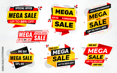 Mega sale banner set discount background template abstract vector. Special offer promo design. Mega sale tag banner template design for web or social media, Sale special offer.