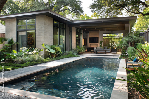 Small modern design home with backyard pool, many tropical plants © Kien