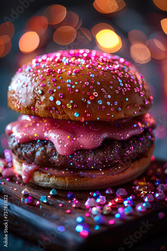 A whimsical twist on a classic fast food staple, this vibrant burger is topped with a sweet surprise of pink frosting and rainbow sprinkles photo