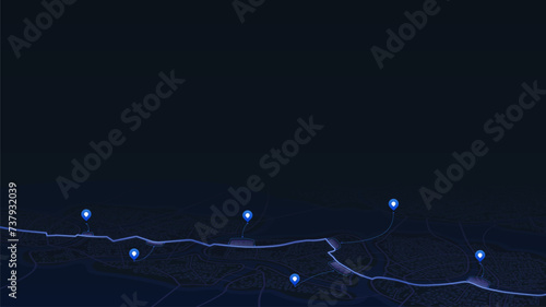 Primary road running across the entire map. Navigation and pinned location. Basic city scheme POI. General city map indicating streets, roads, and buildings. Editable vector illustration background.