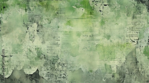 The background is old newspaper clippings in Pista Green color