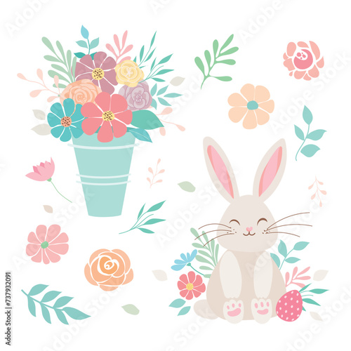 Easter vector element collection spring elements cartoon bunny bouquet flowers eggs and basket