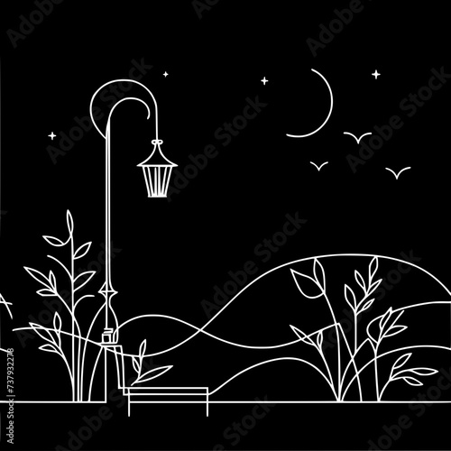 Single-line vector drawing with a white line on a black background, a street lamp near a bench, bushes