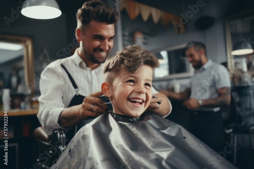 Child laughing during haircut at a vintage barbershop
