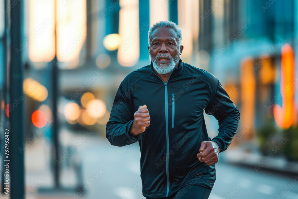 Everyday activity is important. Older afro american adult running in city in dusk. Everyday activity is important. Older afro american adult running in city in dusk.