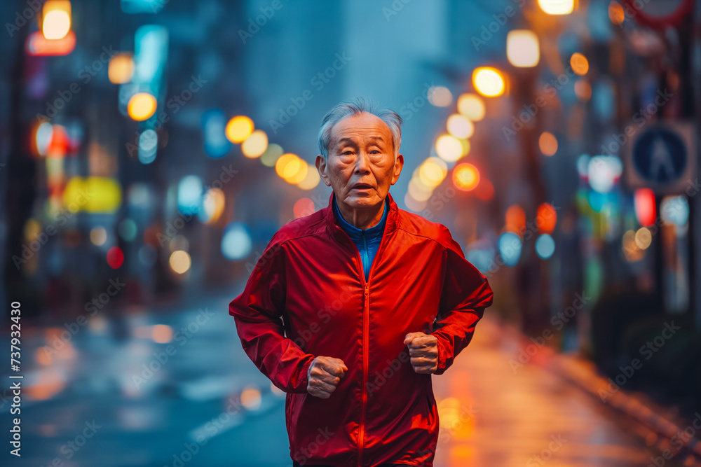 Everyday activity is important. Older asian adult running in city in dusk. Everyday activity is important. Older asian adult running in city in dusk.