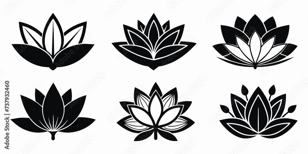 6 Vector black lotus silhouette icons or logo set on white background