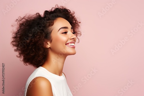 Profile side view portrait of attractive cheerful girl demonstrating copy space ad new isolated over bright one color background - generative ai