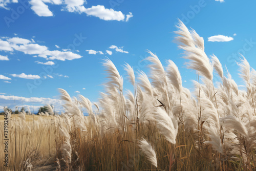 Pampa grass field with light blue sky and clouds