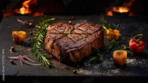 grilled beef steak in the form of a heart on a fork for Valentine's day on a stone background