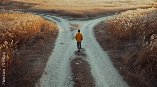 Decision-making concept, a person standing in front of a fork in the road, deciding which way to go