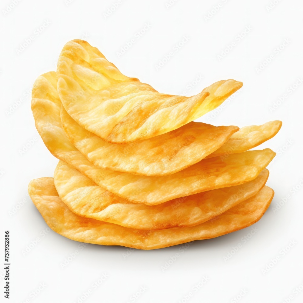 Potato Chips Organic Crinkle Ready to Eat Snack. Realistic potato chips isolated on white background, icon, detailed. Grocery product package, menu, advert Potato Chips Organic Crinkle Ready to Eat Snack. Realistic potato chips isolated on white background, icon, detailed. Grocery product package, menu, advert