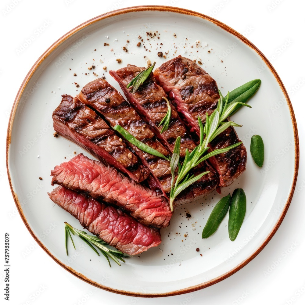 Beef Steak Grilled Fillet Meat with rosemary on plate, 3d cutout minimal isolated on white background. Realistic roasted beef steak, icon, detailed for restaurant, menu, advert or package Beef Steak Grilled Fillet Meat with rosemary on plate, 3d cutout minimal isolated on white background. Realistic roasted beef steak, icon, detailed for restaurant, menu, advert or package