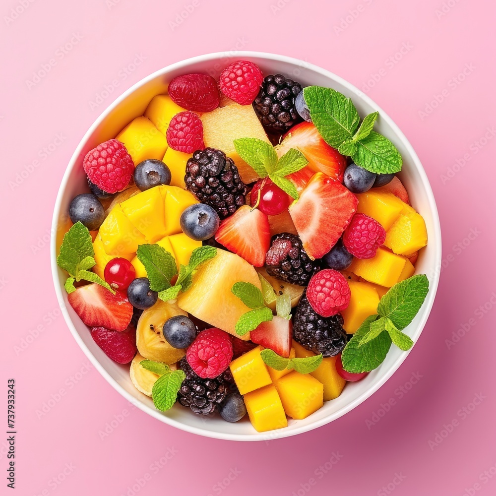 Salad Healthy Fresh on plate, on pink background. Vegetarian fruit salad with greens. Vegan mixed meal for restaurant, menu, advert or package, close up. Top view Salad Healthy Fresh on plate, on pink background. Vegetarian fruit salad with greens. Vegan mixed meal for restaurant, menu, advert or package, close up. Top view
