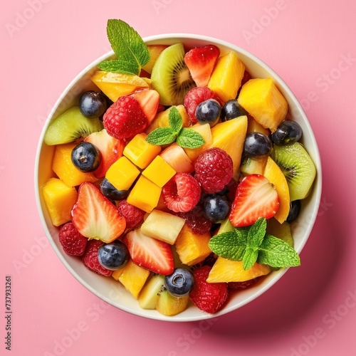 Salad Healthy Fresh on plate, on pink background. Vegetarian fruit salad with greens. Vegan mixed meal for restaurant, menu, advert or package, close up. Top view