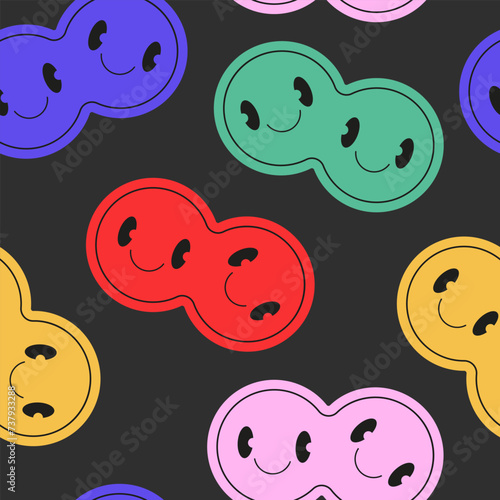 Seamless vector pattern with y2k smiling siamese twins faces. Trippy emoji background. Retro groovy design. Psychedelic texture