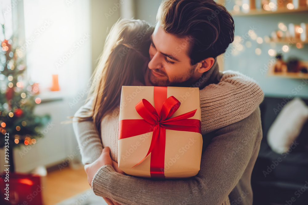 Young couple with gift box hugging at home. Valentine's Day concept. Happy couple in love with. Young couple with gift box hugging at home. Valentine's Day concept. Happy couple in love with.